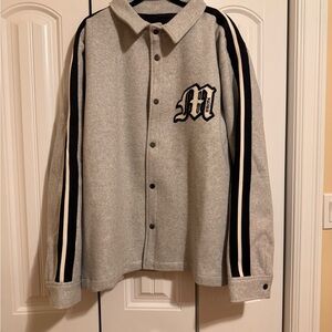 Gray Button-Up Jacket with Black Stripes